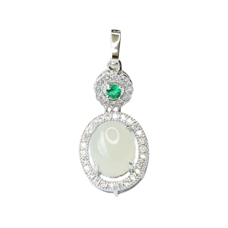 Oval White Jade Pendant with Zircon Halo in Sterling Silver