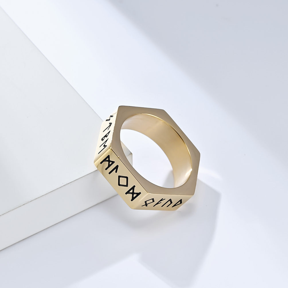 Planderful Everyday Genie Stainless Steel Ring With Hexagonal Niche And Pirate Viking Text For Hipster Vibe