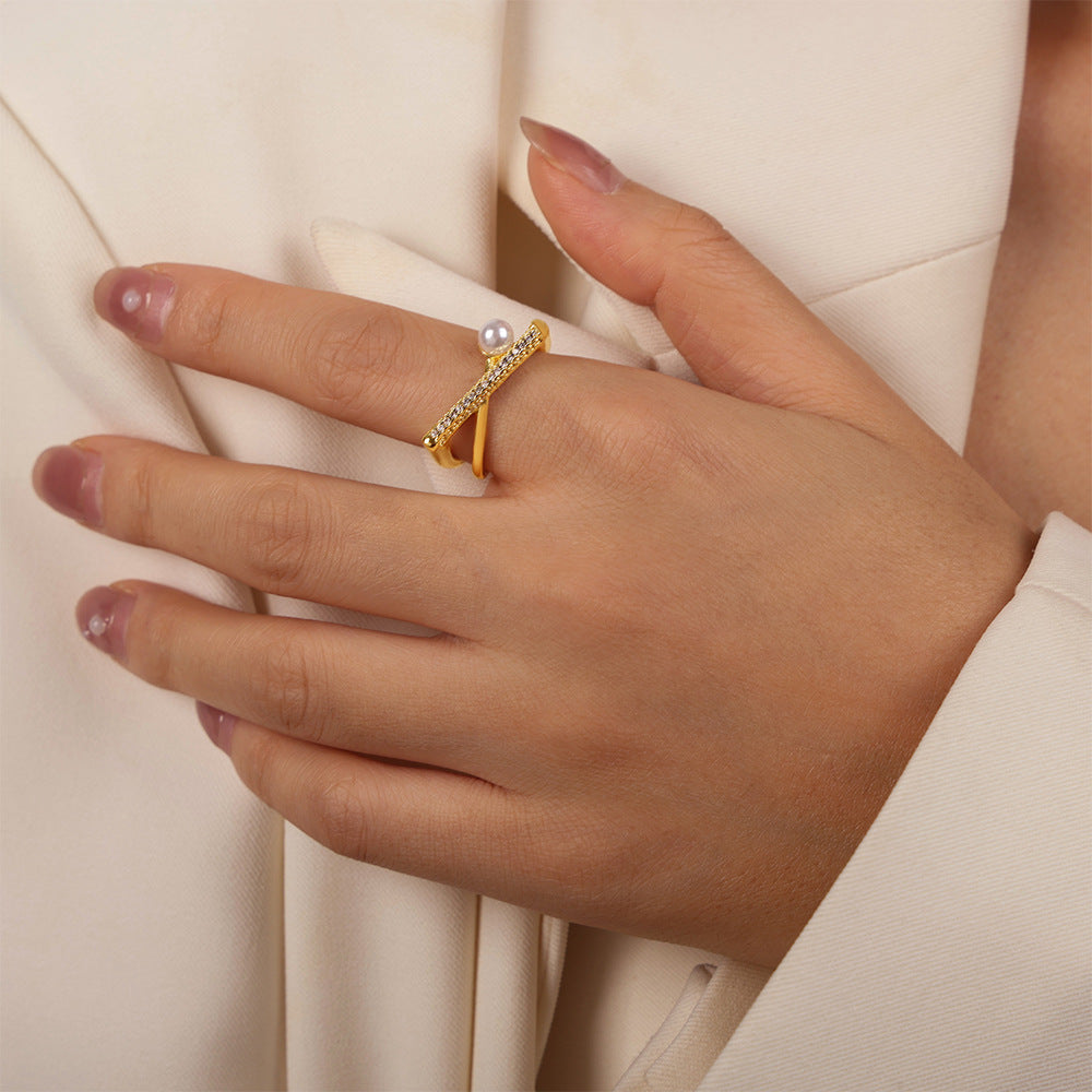 Modern Open Ring with Geometric Design and Imitation Pearl