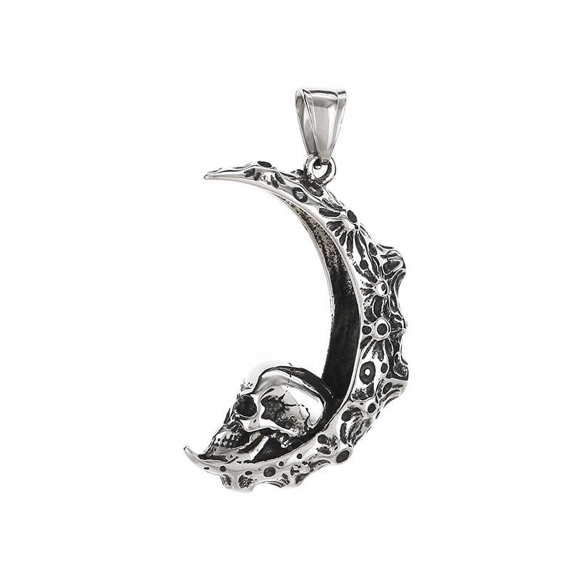 Gothic Style Dark Crescent Rose Pendant, Punk Vintage Skull Moon Titanium Steel Men's Necklace