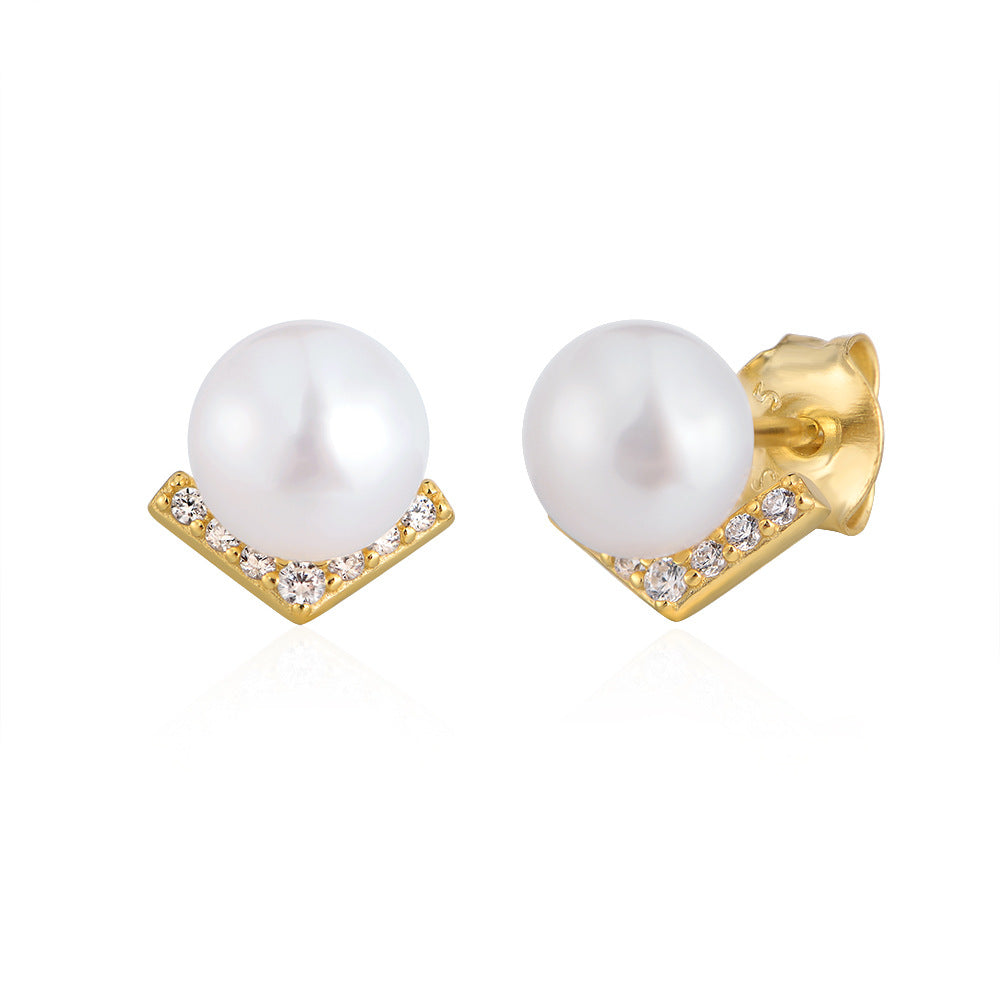 S925 Sterling Silver V-Shaped Zircon Inlaid Natural Pearl Stud Earrings French Retro Romantic