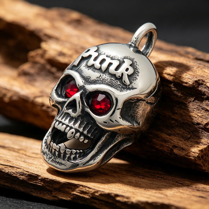 Punk Red Diamond Eye Skull Titanium Steel Pendant Halloween Vampire Head Men's Necklace