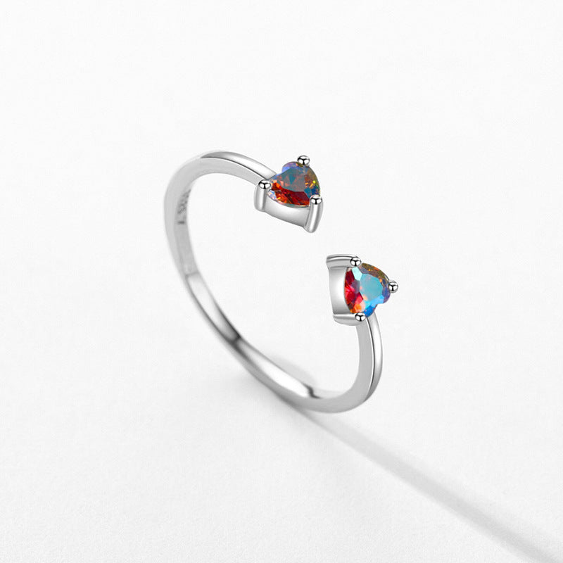 Colorful Zircon Love Shaped Sterling Silver Ring for Women Size 5-9