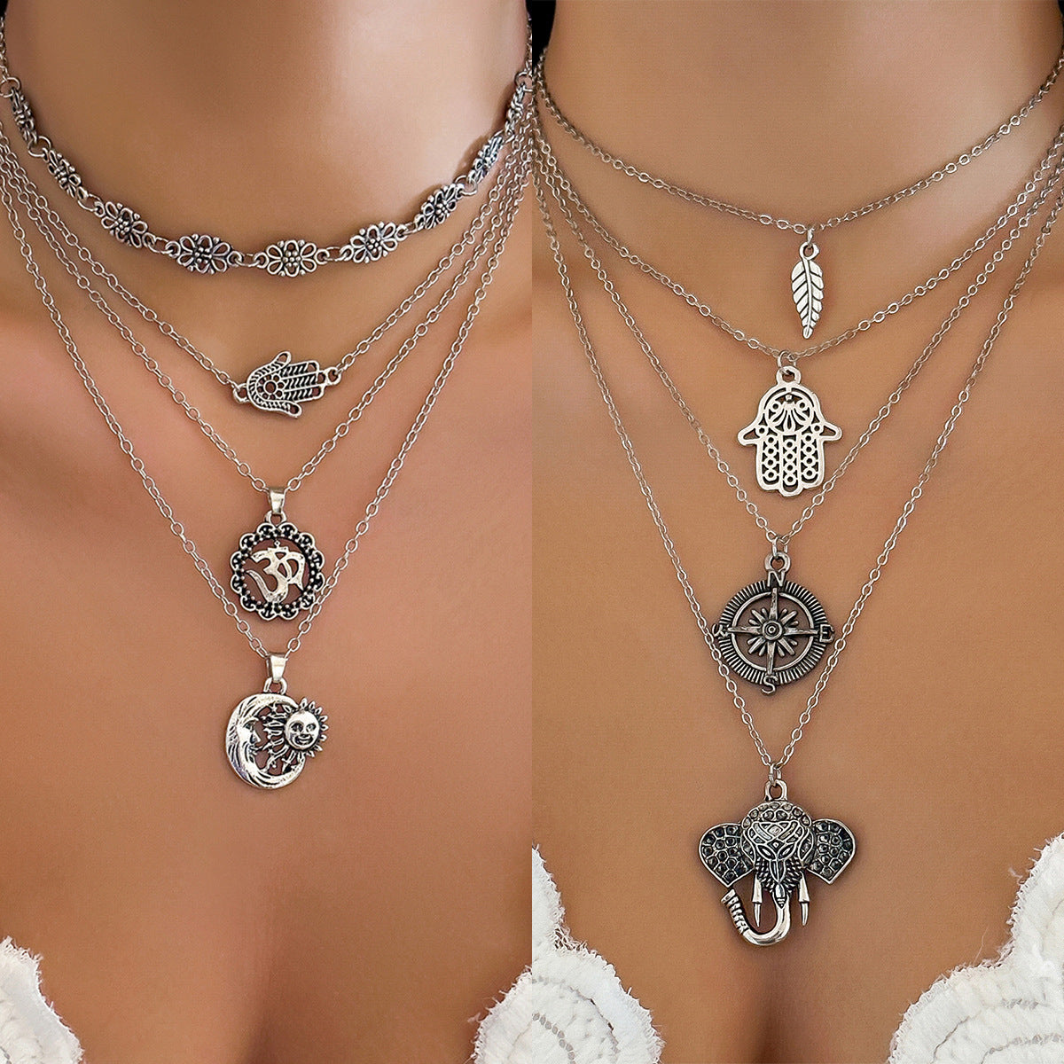 Bohemian Elephant Necklace with Sun and Leaf Pendants