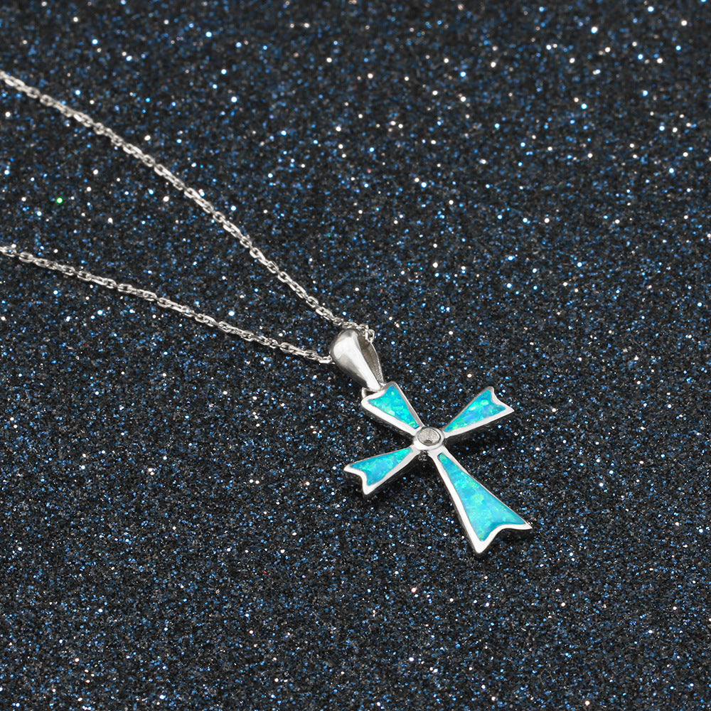 Planderful Jewelry Opal Cross Necklace Sterling Silver