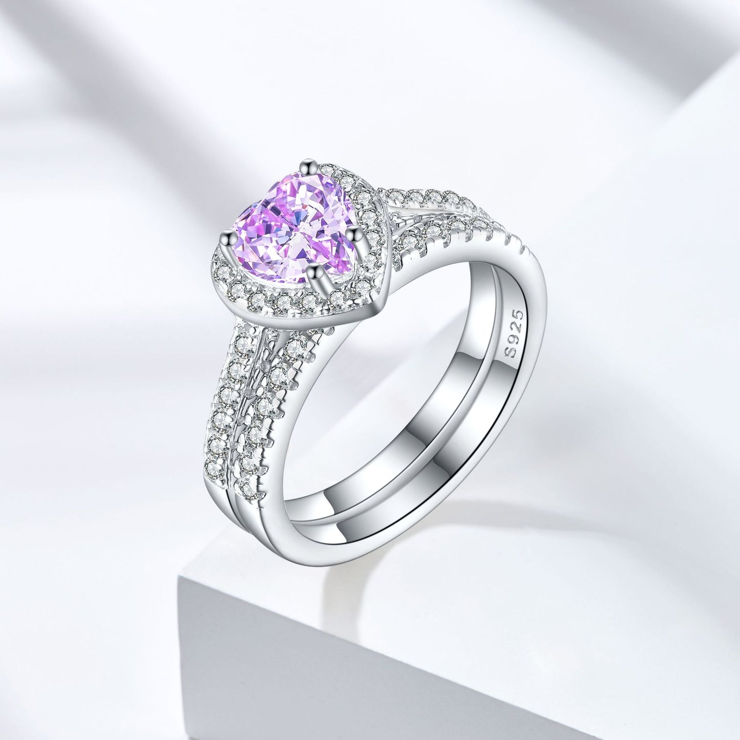 S925 Sterling Silver 1ct Flame Ice Heart-Shaped Zircon Ring