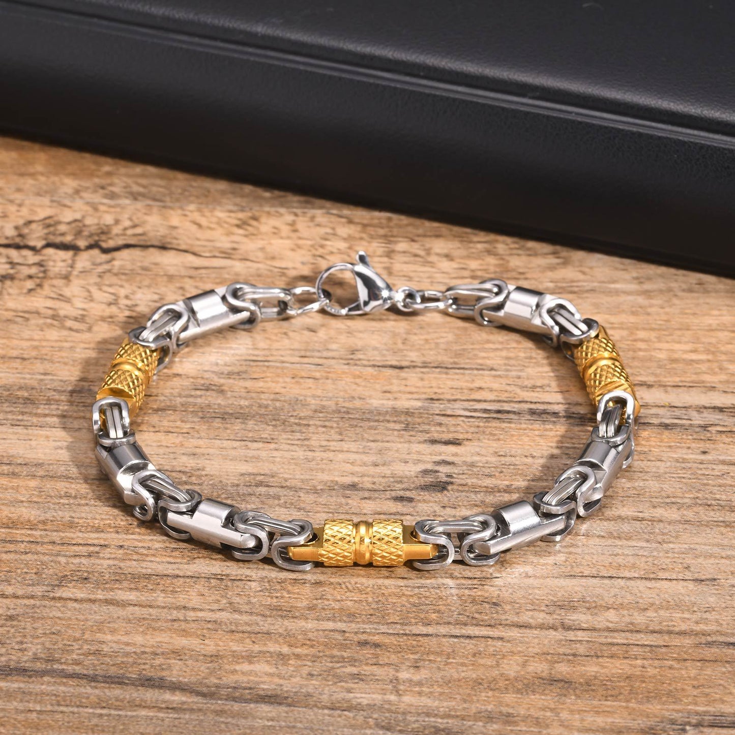 Stainless Steel Byzantine Handmade Chain Bracelet Men's Electric Black