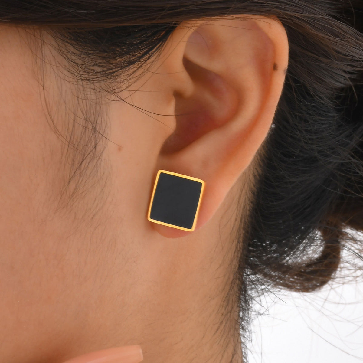 Gold-Tone Black Square Stainless Steel Stud Earrings