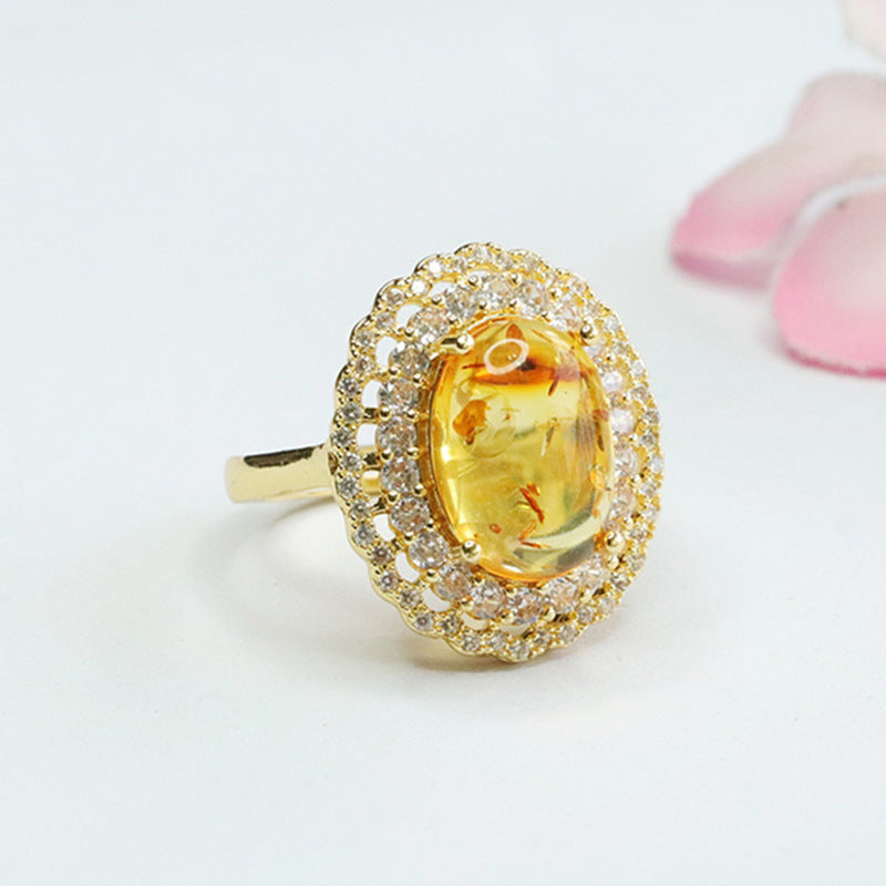 Floral Amber Double Halo Sterling Silver Ring