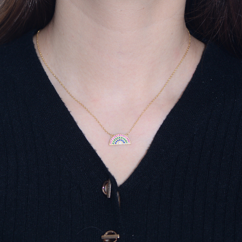 S925 Sterling Silver Geometric Semicircle Rainbow Zircon Necklace Pendant Clavicle Chain Women