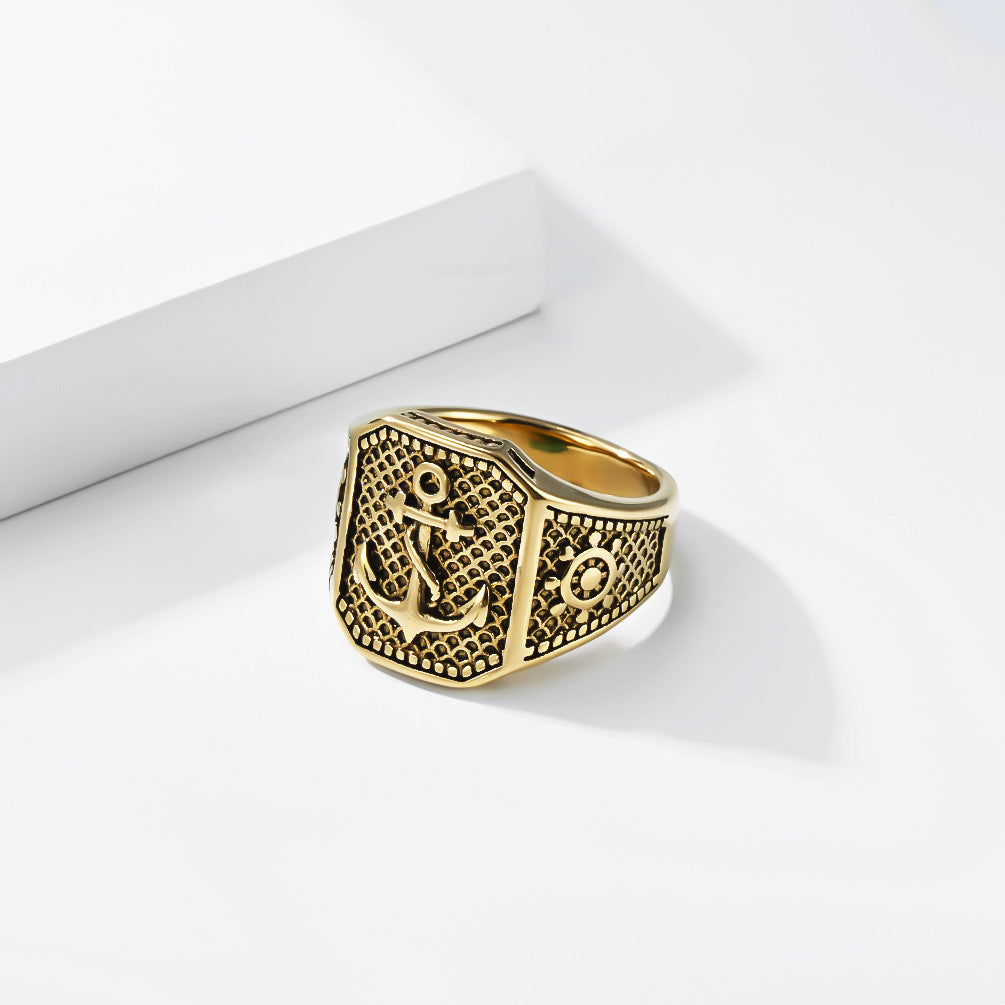 Nautical Anchor Ship Wheel Textured Vintage Stainless Steel Ring for Men