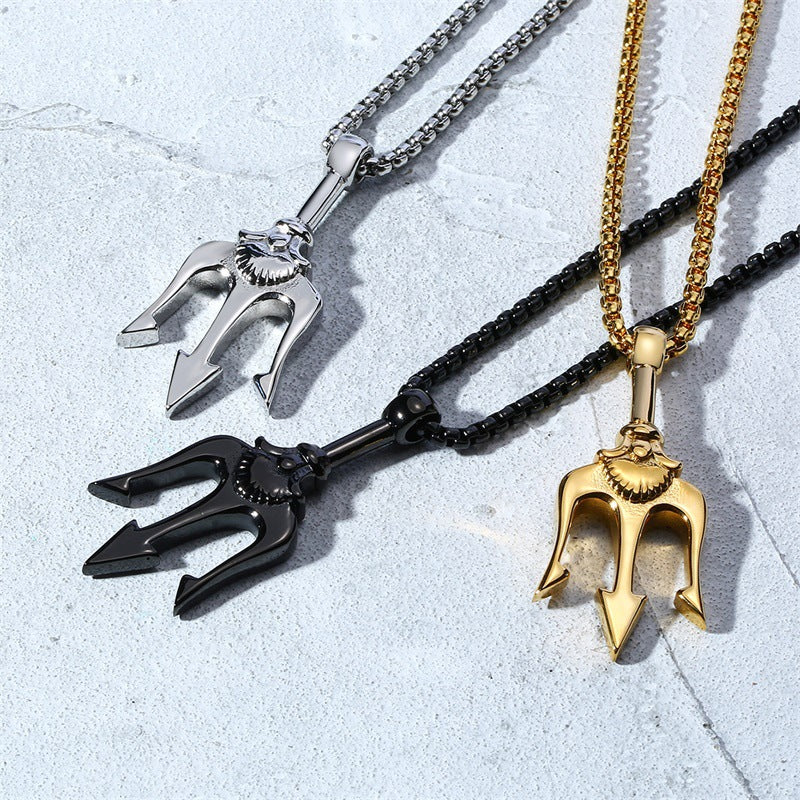 Design Stainless Steel Trident Pendant Men's Necklace