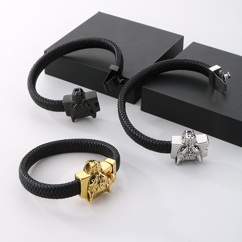 Planderful Mens Leather Wolf Head Bracelet Punk Style