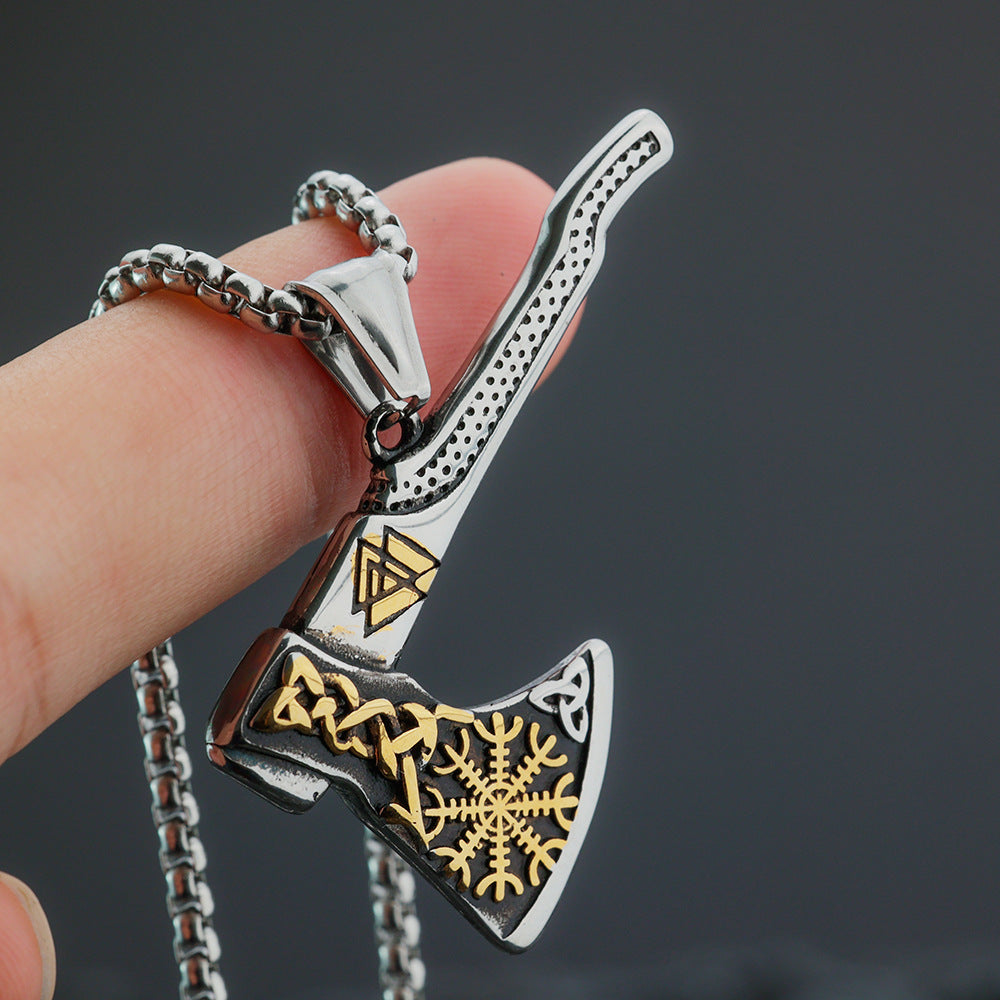 Vintage Men's Stainless Steel Pendant Viking Compass Axe Necklace