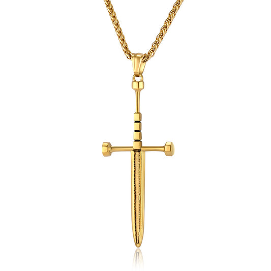 Steel Necklace – Vintage Knight Sword Cross Pendant For Everyday Wear By Planderful