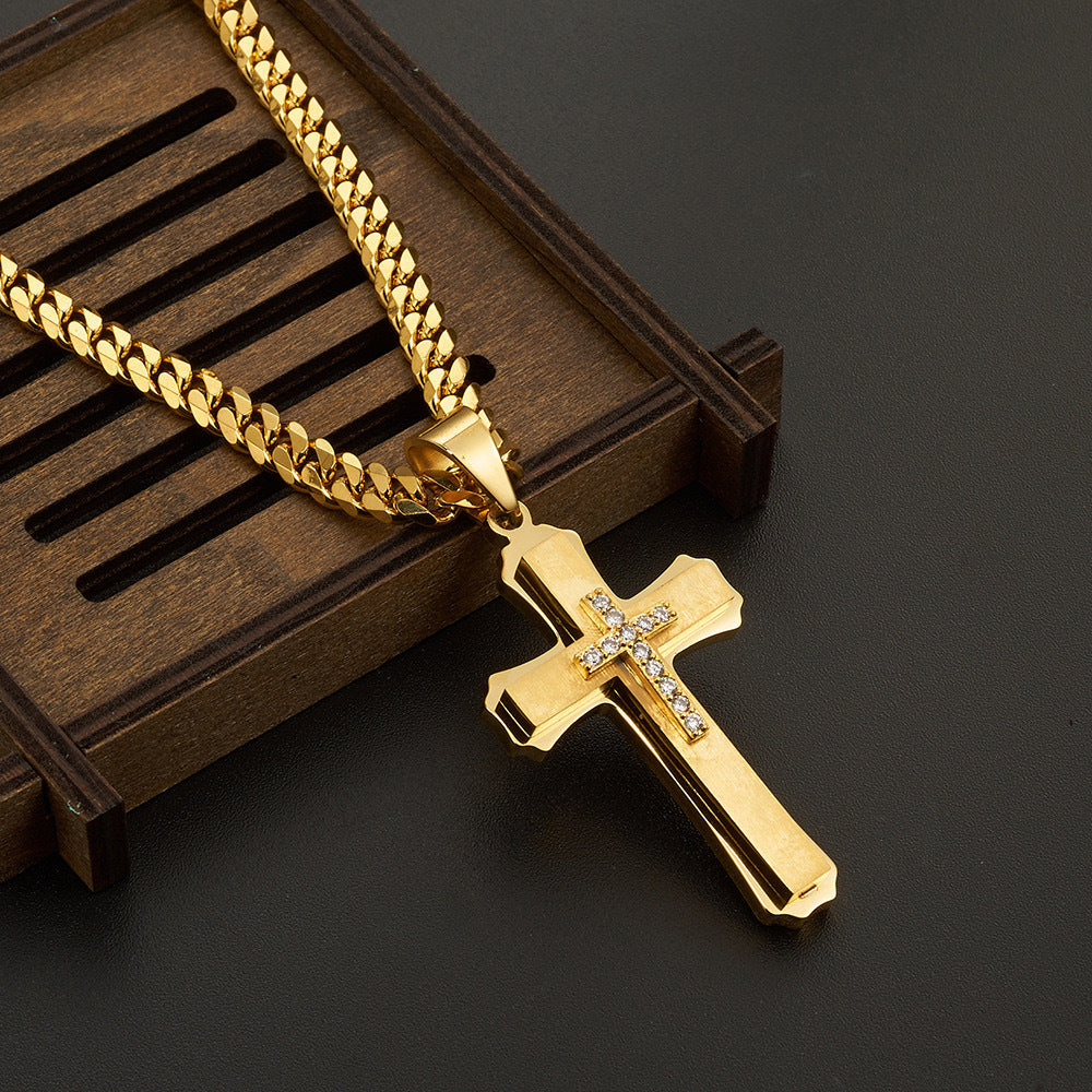 Planderful Titanium Steel Cross Pendant Necklace Three Layer Zircon Men Punk Style