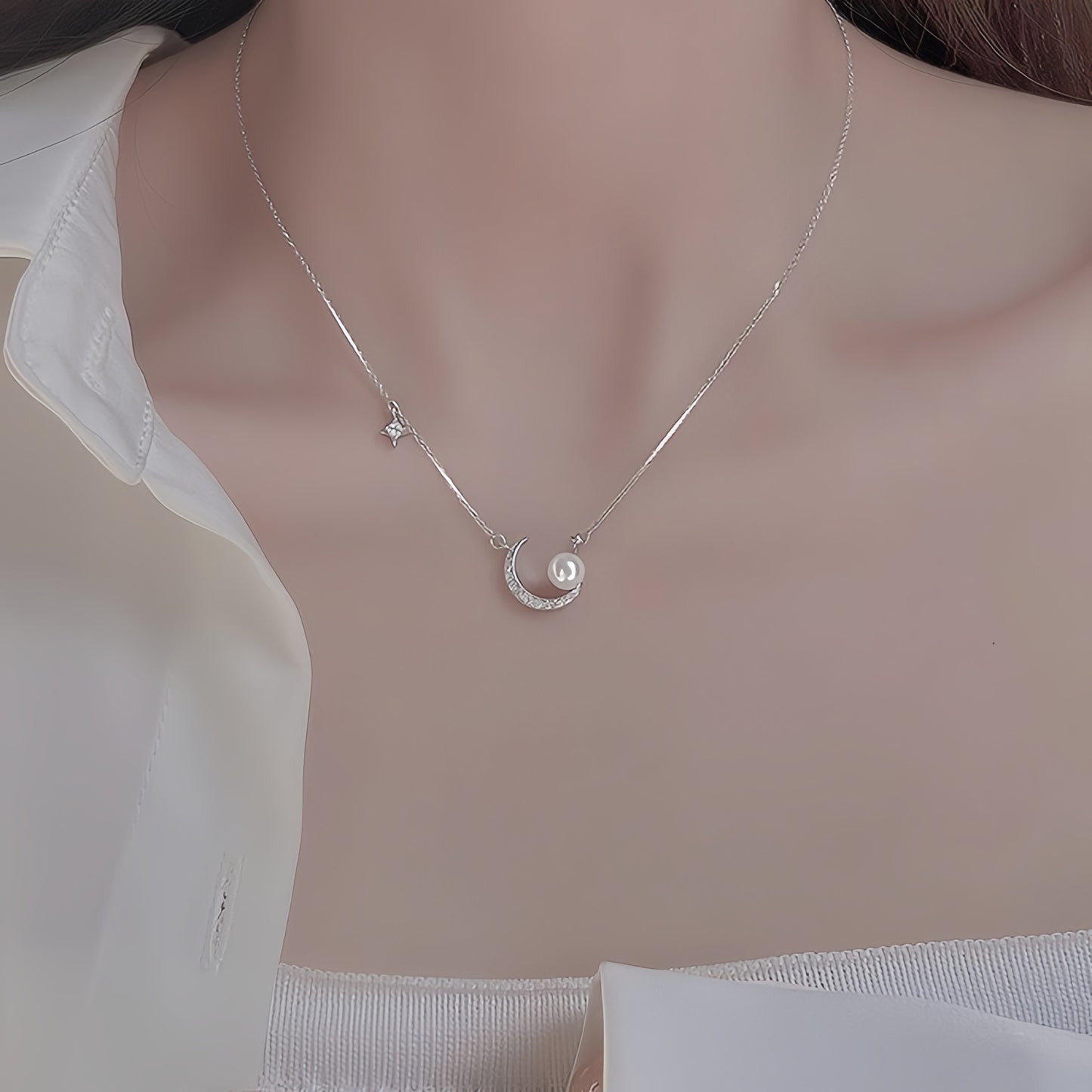Planderful 925 Sterling Silver Pearl Moon Necklace For Women Collarbone Chain Elegant Luxury Pendant