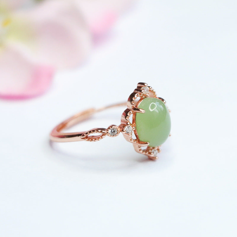 925 Sterling Silver Hetian Jade Openwork Ring