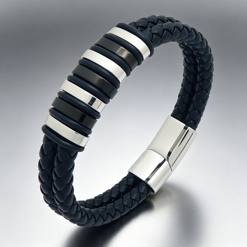 Woven Leather Bracelet Black & White Bead Spacer Stainless Steel Magnetic Suction