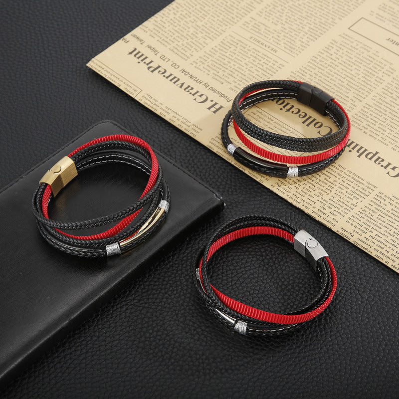 Planderful Titanium Steel Men Bracelet Multi Layer Cowhide