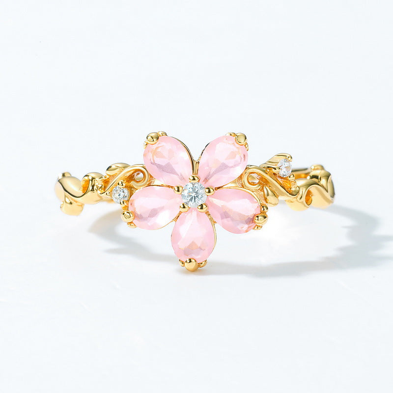 Pear Shape Pink Crystal Luxury Small Floral Opening Silver Ring