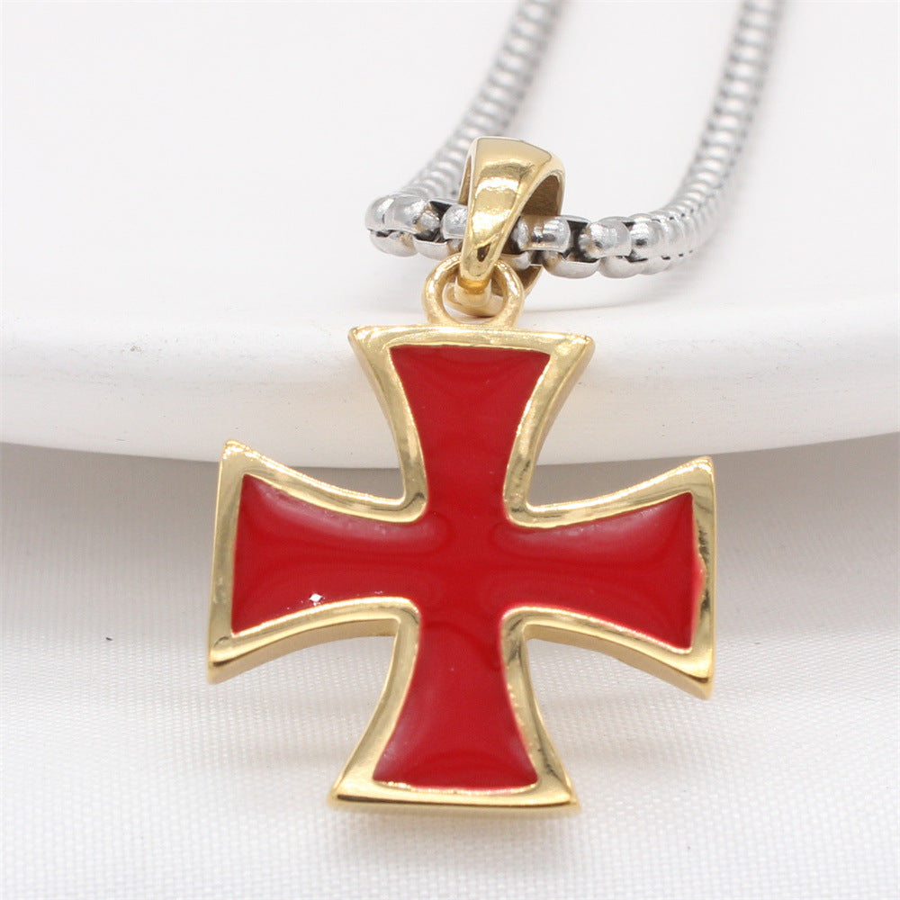 Planderful Everyday Genie – European and American Retro Red Cross Men's Titanium Steel Pendant Necklace