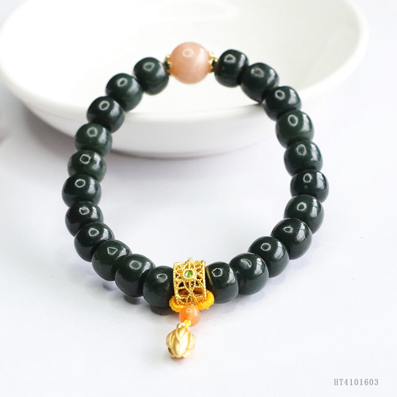 Dark Taqing Hetian Jade Vintage Bead Bracelet