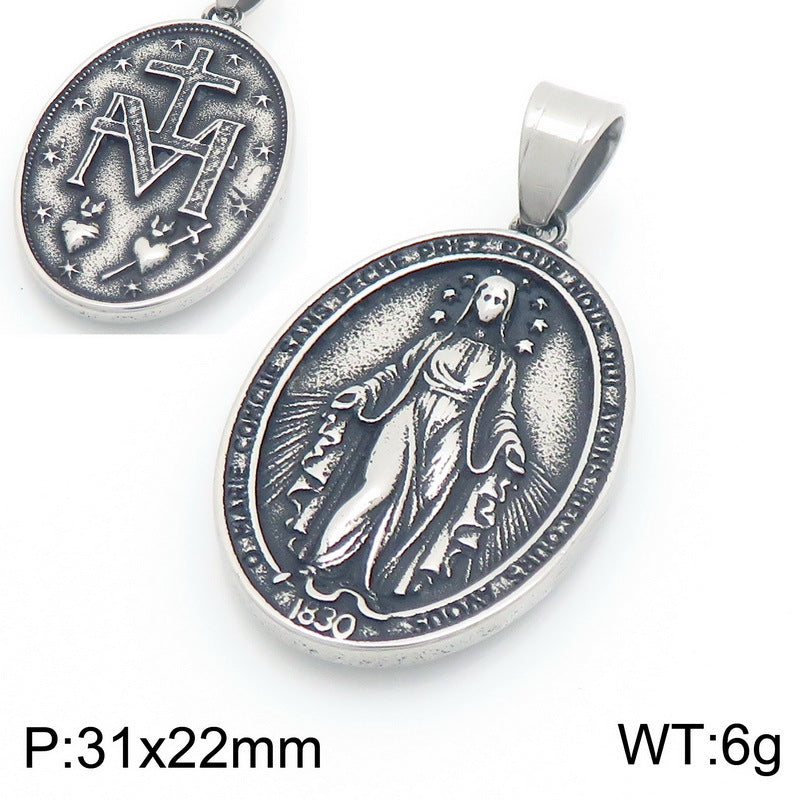 Double Sided Totem Guardian Charm Shield Pendant, Vintage Portrait Cross Sacred Heart Necklace