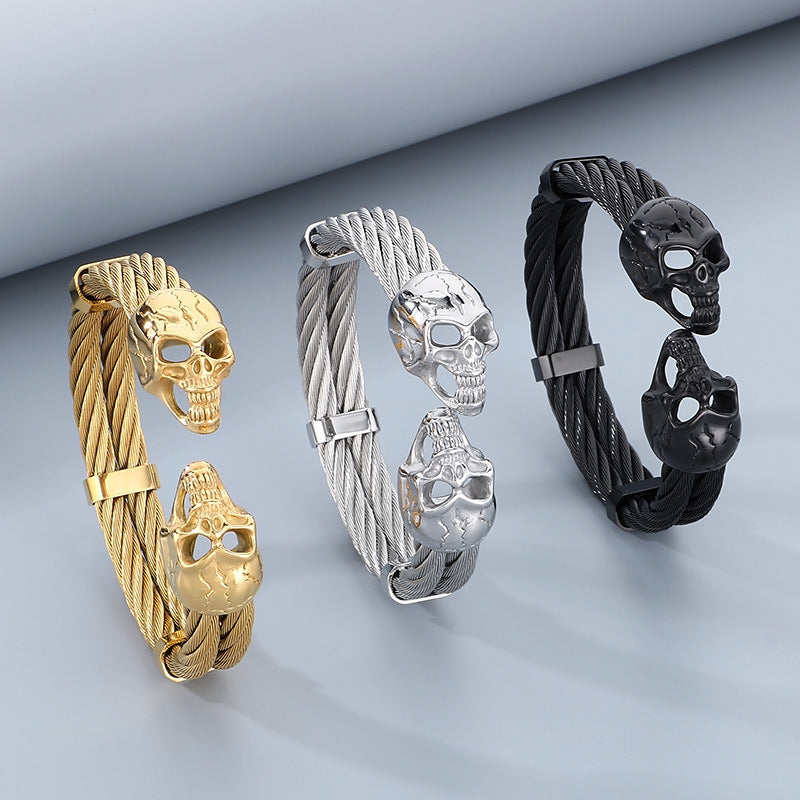 Punk Double Skull Steel Wire Men's Titanium Steel Bracelet