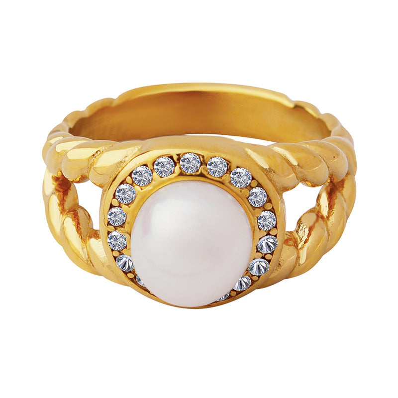 Elegant French-inspired 18K Gold Plated Ring with Freshwater Pearl and Zircon