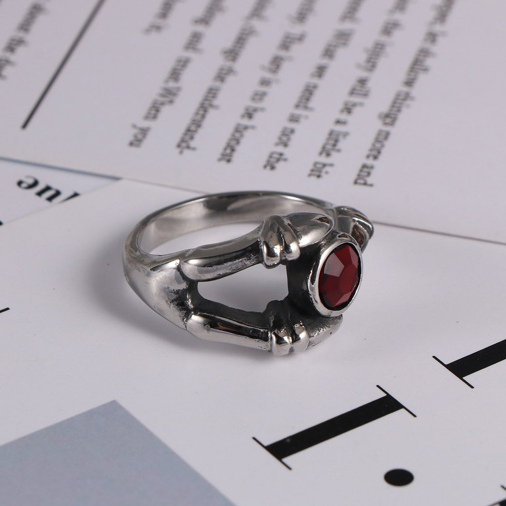Retro Gothic Red Titanium Steel Ring for Men and Women with Zircon Accent - Trendy Domineering Fashion Ring for Index Finger