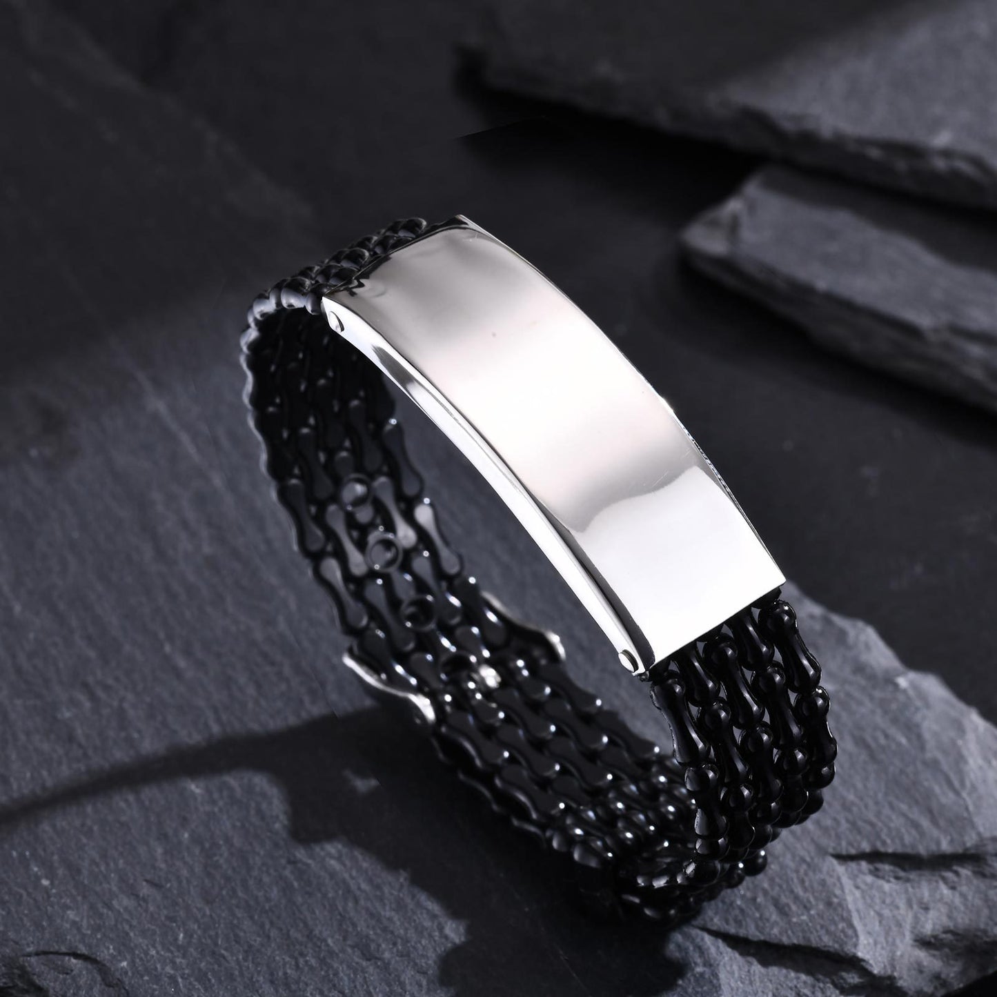 Jewelry Stainless Steel Curved Brand Black PVC Strap Bracelet Universal for Men and Women