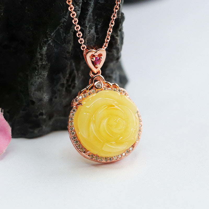 Zircon Halo Rose Gold Necklace with Natural Honey Wax Amber Pendant
