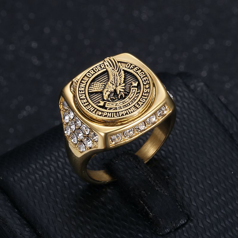 Planderful Everyday Genie Titanium Steel Gold Plated Rhinestone Philippine Eagle Unisex Ring