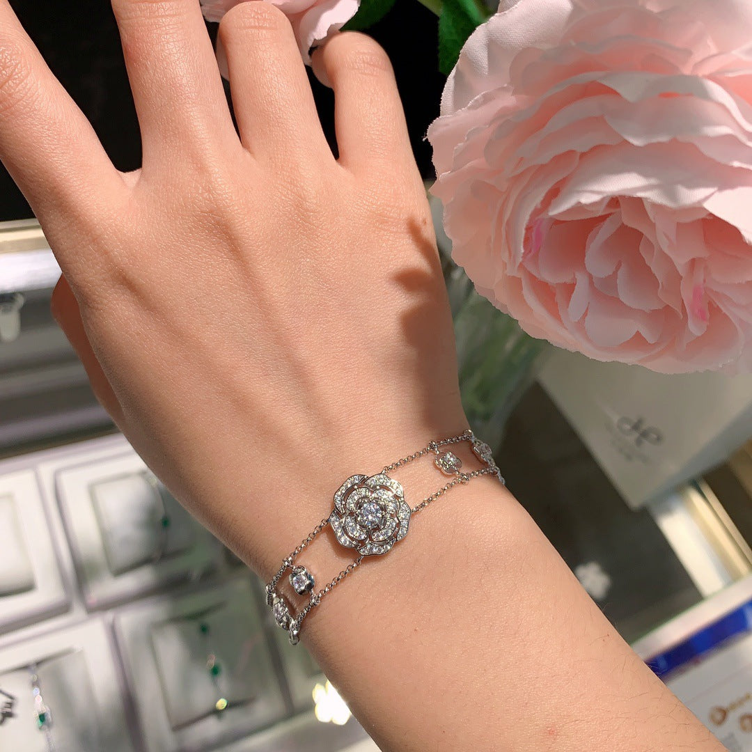Hollow Camellia Bracelet S925 Silver 4mm Moissanite Elegance