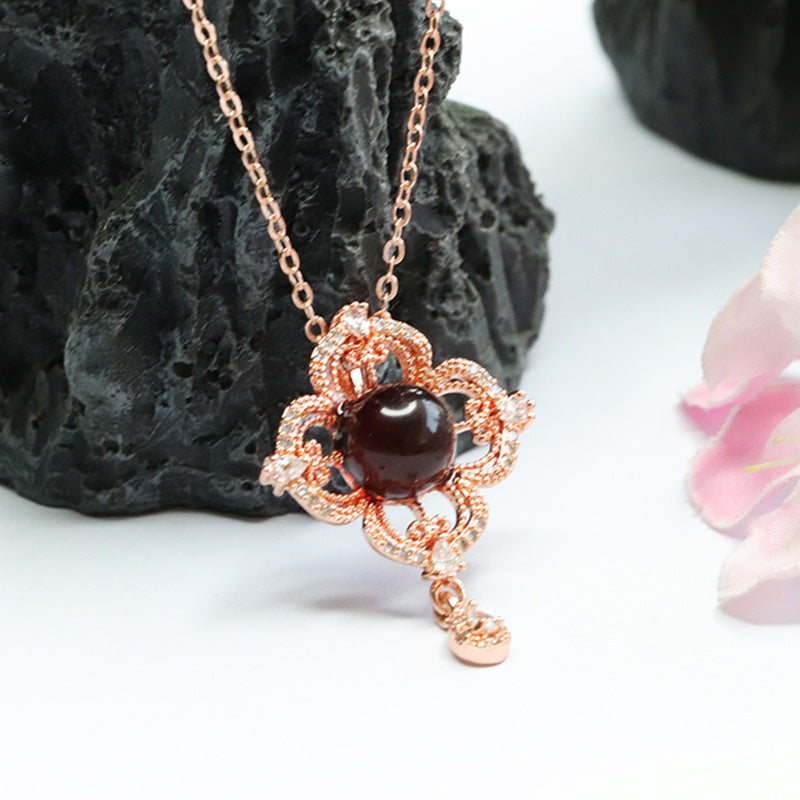 Blood Amber Pendant with Zircon Flower Tassel Necklace for Women