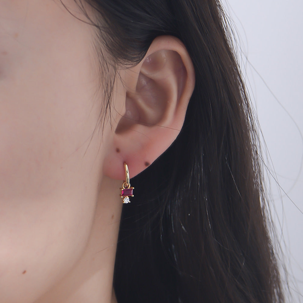 Small Fresh Square Red Zircon Earrings S925 Sterling Silver Earrings High-End Niche