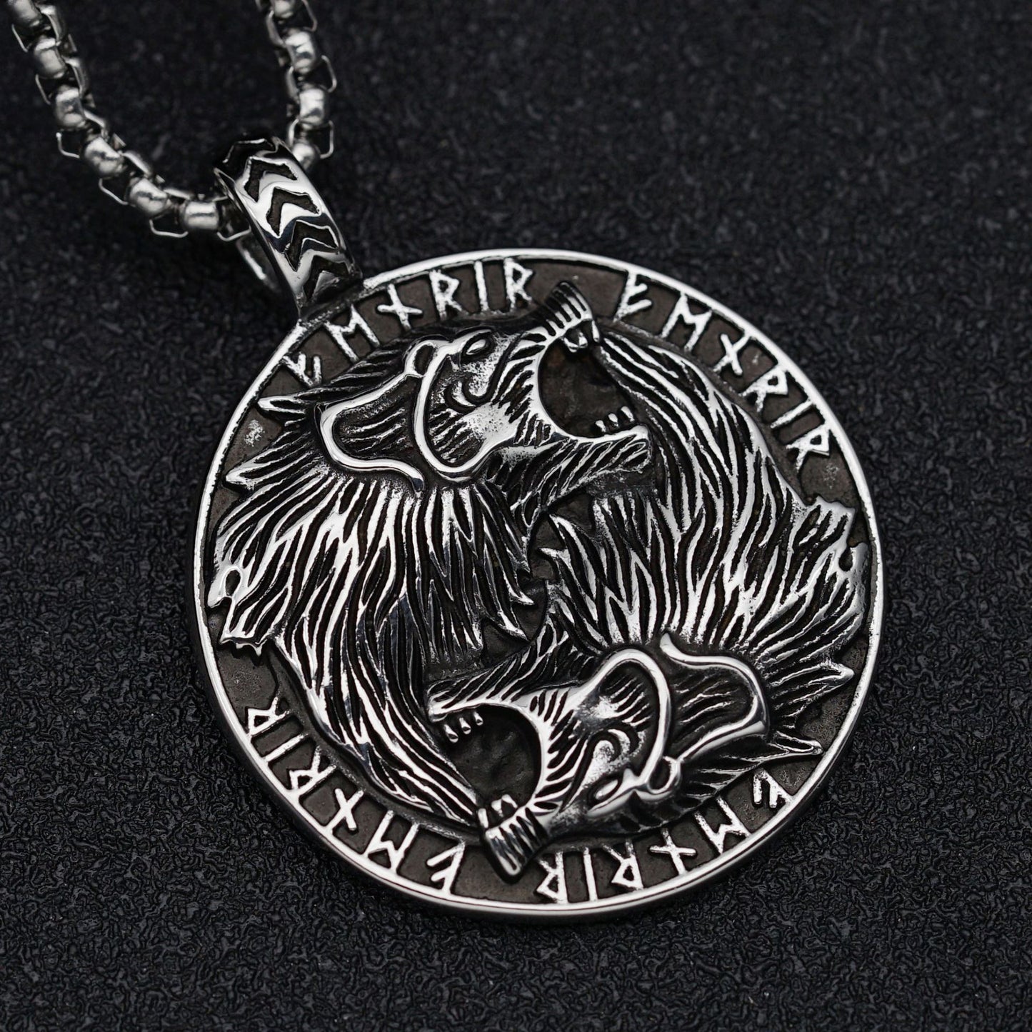 Steel Necklace - Statement Double Wolf Head Pendant