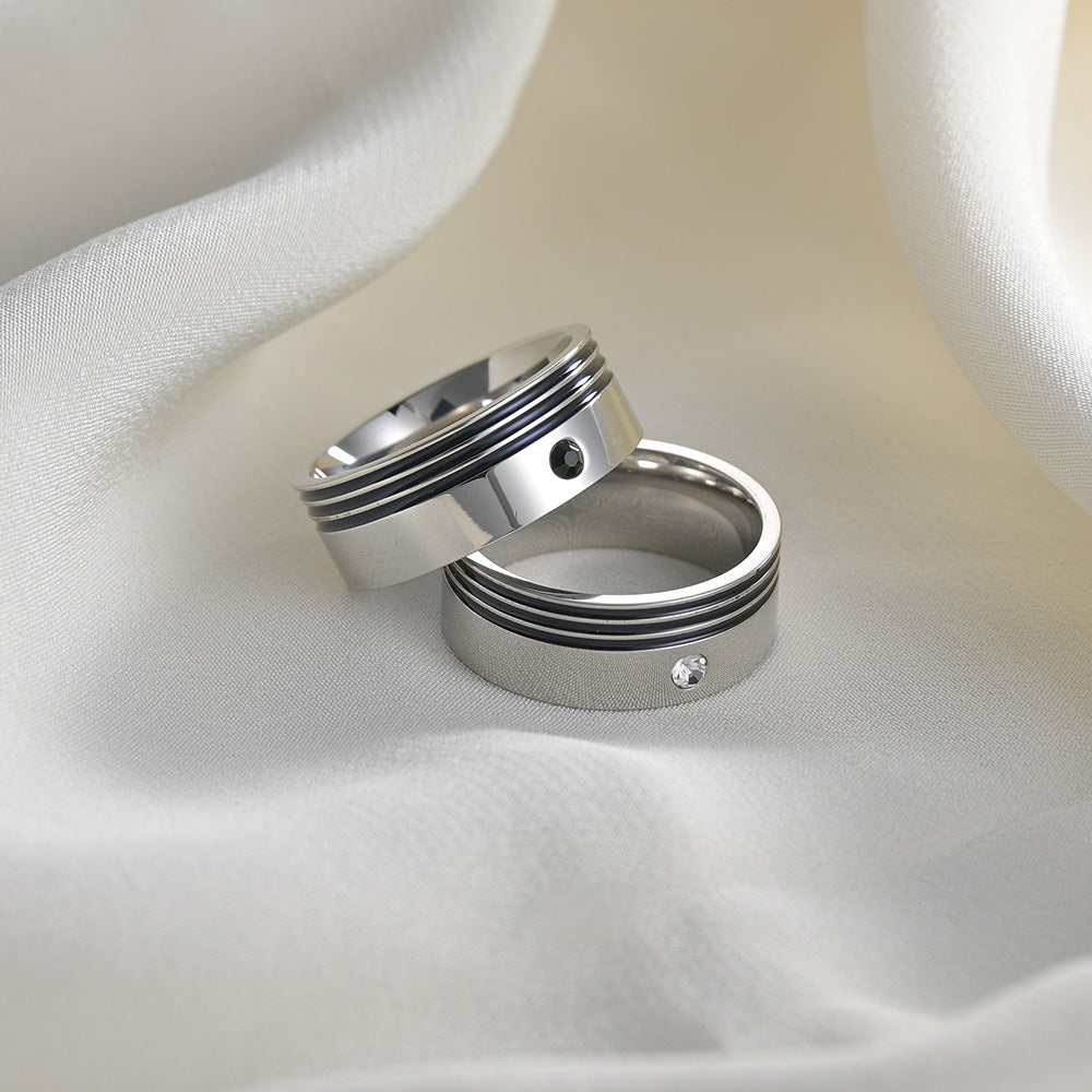 Amazon Factory Titanium Steel Couple Rings with Zircon Inlay - Unisex Jewelry Supply