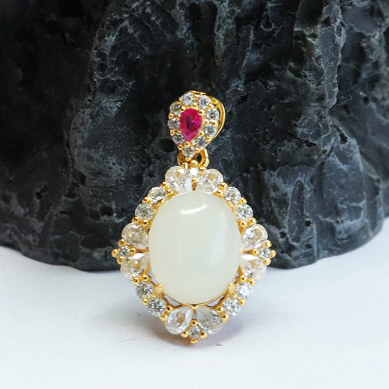 Hotan White Jade Zircon Necklace with Sterling Silver Pendant