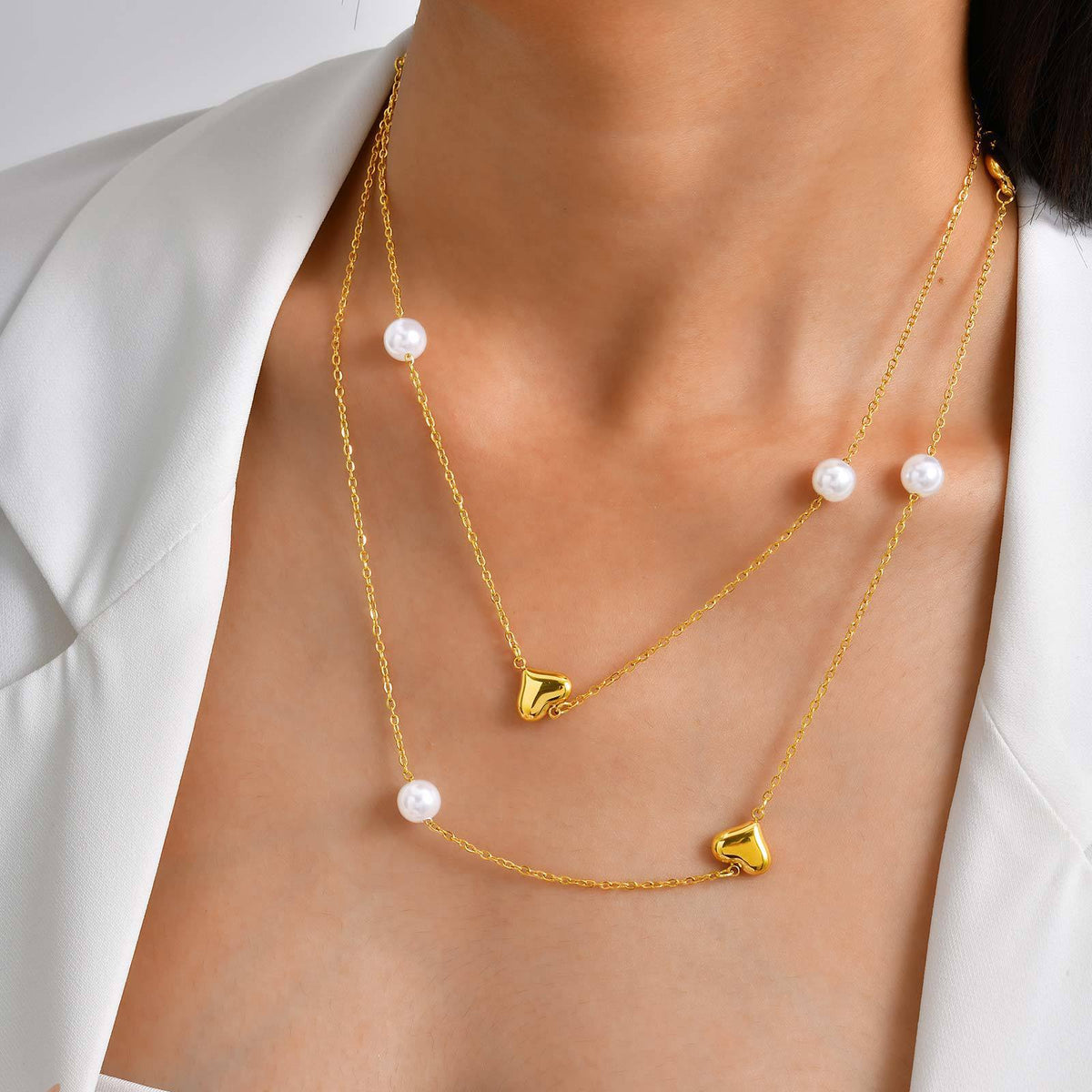 Stainless Steel Women's Style Imitation Pearl Heart Shape Stackable Necklace Gold