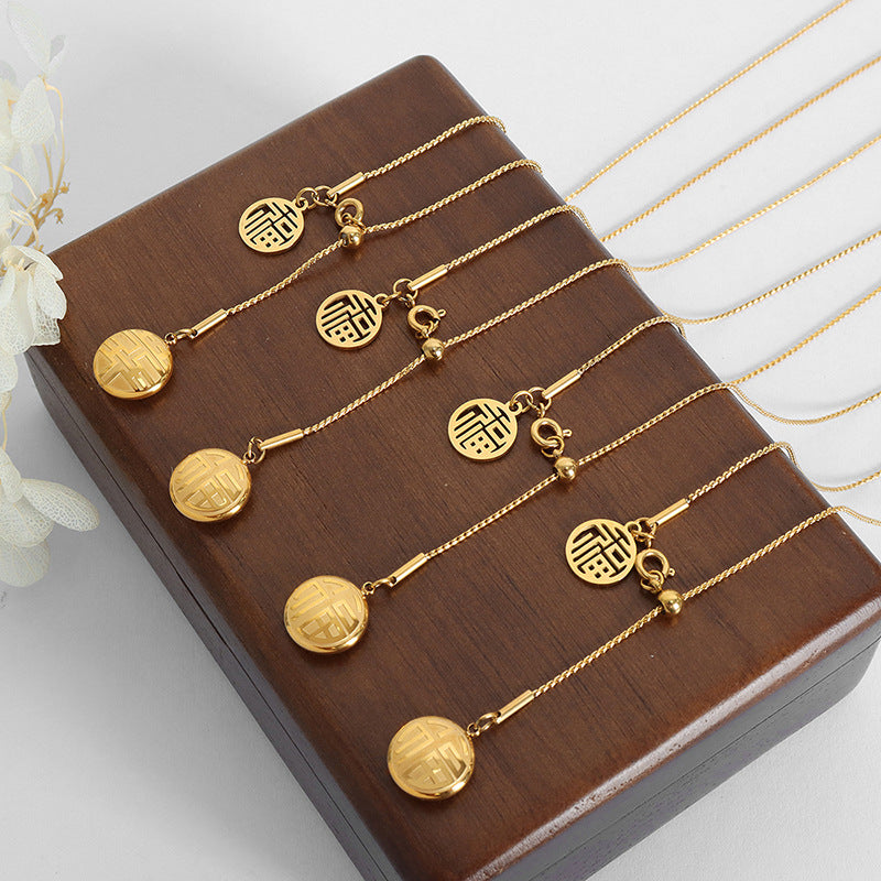 Lucky Character Pendant with Tassel - Festive Titanium Steel Necklace