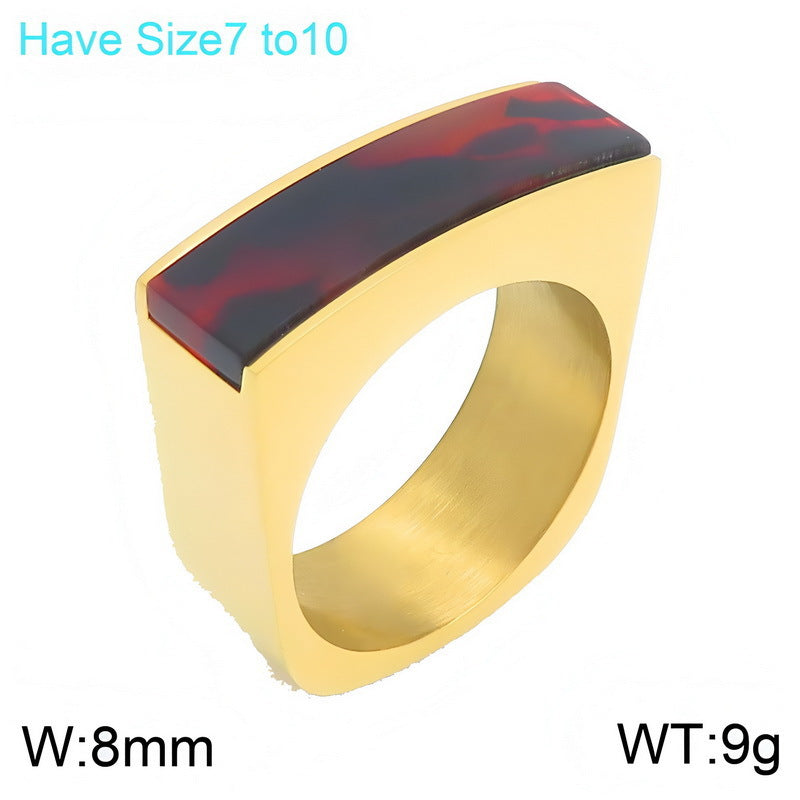 Retro Square Resin Patch Ring, Medieval Women's Stainless Steel Ring