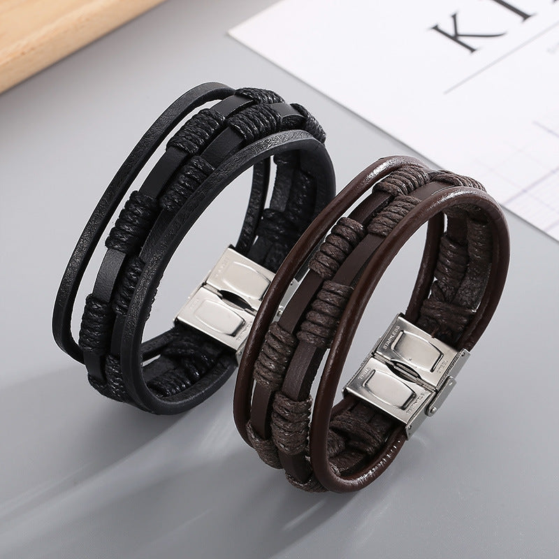 Planderful Durable Stainless Steel Leather Bracelet For Men