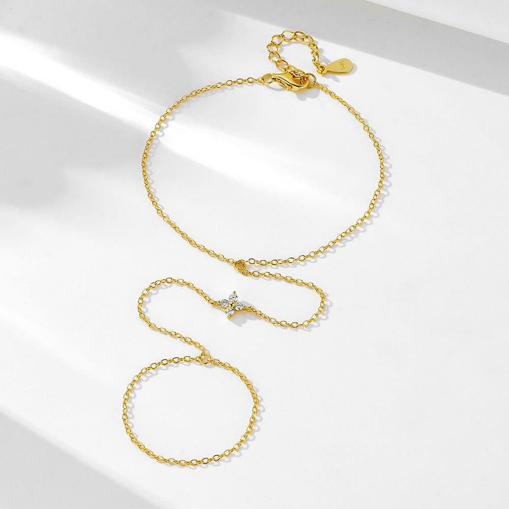 S925 Sterling Silver Four-Leaf Clover Zircon Pendant Finger Chain Wind 14k Gold-Plated Bracelet