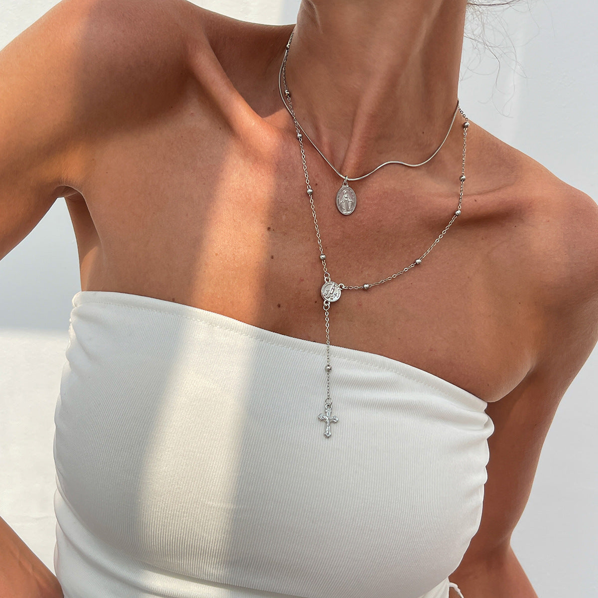 Wind Stacked Cross Fringed Necklace Round Bead Snake Bone Chain Multi-Layer