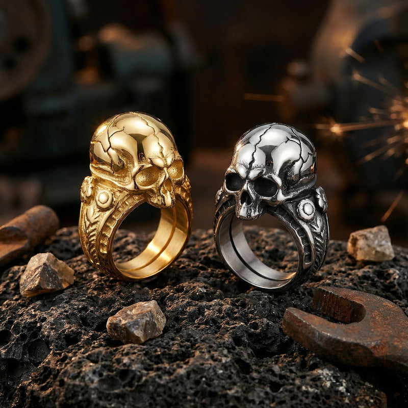 Gothic Ghost Head Ring, Punk Style Retro Dark Crack Skull Stainless Steel Men's