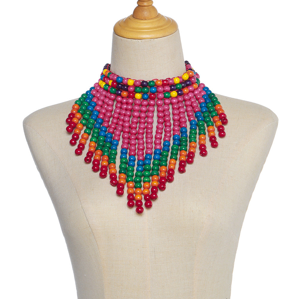 Savanna Rhythms Exotic Wood Bead Necklace with Tassel Triangle Scarf Design Shawl Chain Oversized Accent Necklace