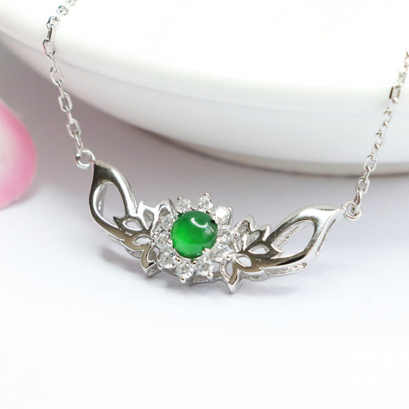 Ice Emperor Green Jade Lotus Necklace with Zircon Accent