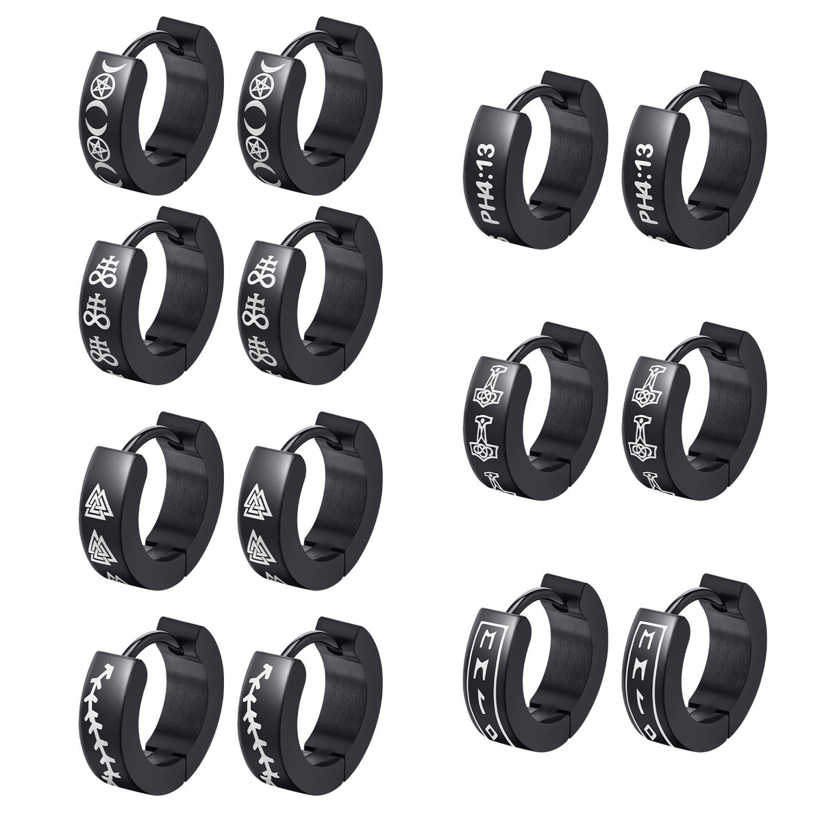 Engraved Black Symbol Hoop Earrings — Seven Designs